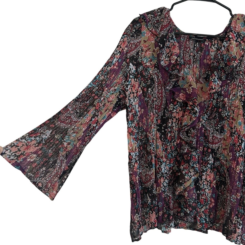 Sheer Floral Blouse Sz XL Crinkly Colorful Romantic Flowy Shakespeare Ruffle
